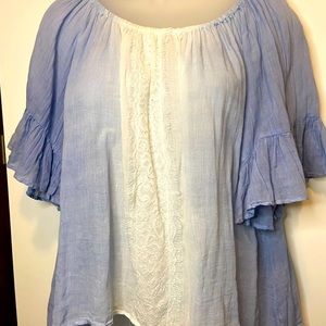 Chico’s NWT Blouse Blue & White Gauze with Ombré shading and lace  Size XS/Small